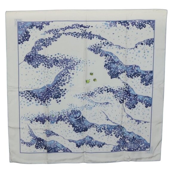 HERMES Carre 90 Scarf ""Trois Feuilles"" Silk White Light Blue Auth - Picture 1 of 16